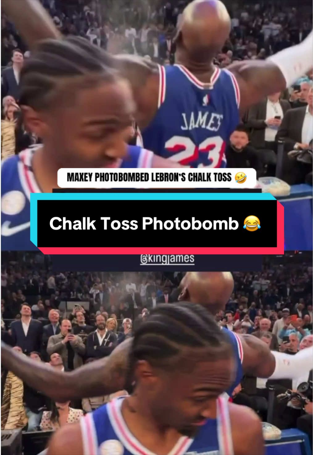 Tyrese Maxey photobombed LeBron's first Sixers chalk toss 😆