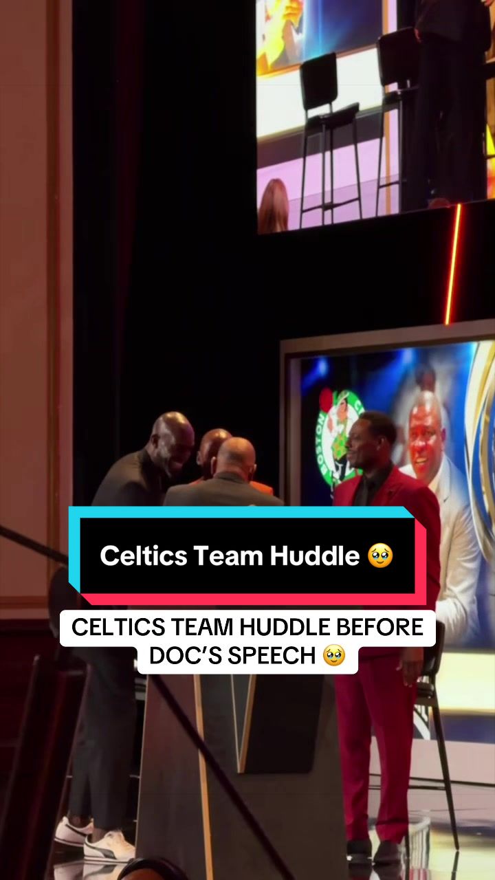 Team huddle between Doc & KG, Ray Allen & Paul Pierce before his HOF speech! 💕 