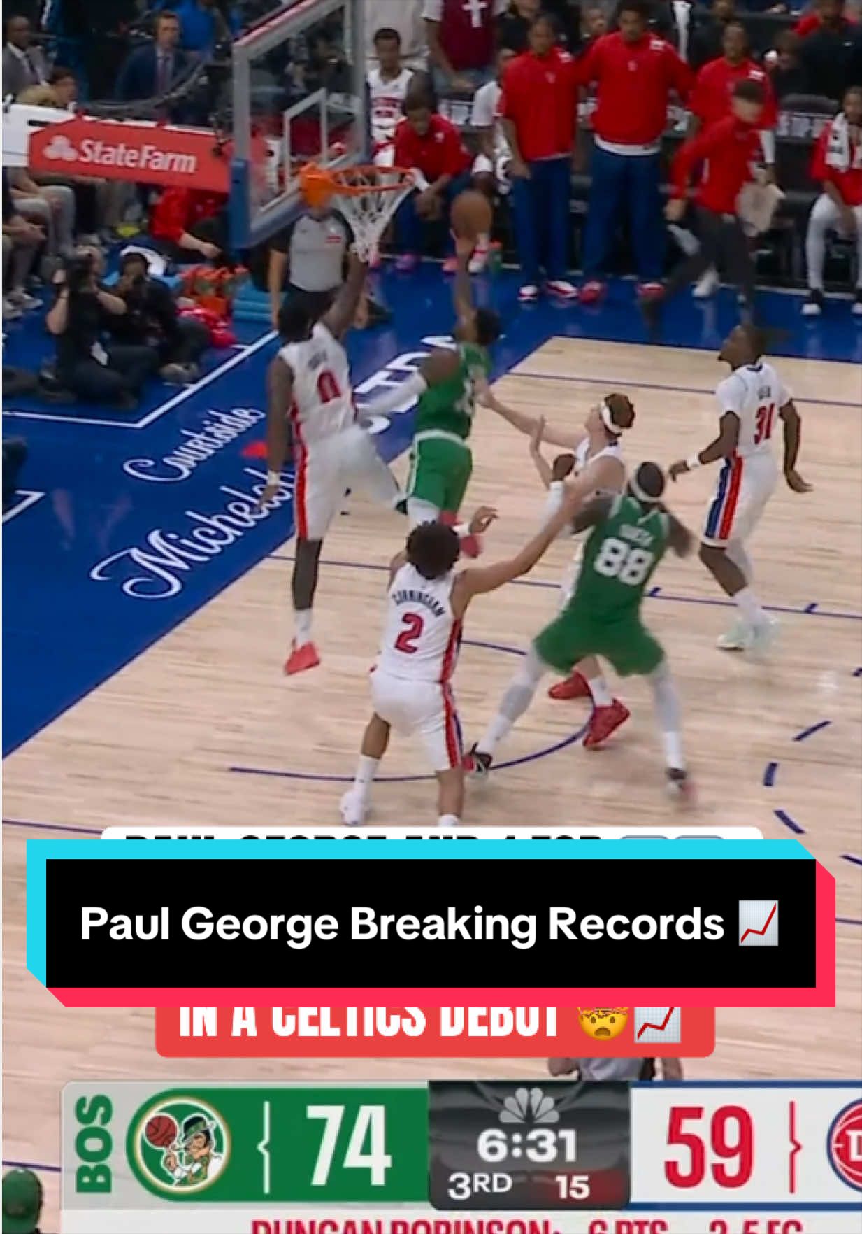 Paul George gets inside, takes the contact, and goes glass for the AND-1 bucket, he's up to 31 PTS—the most points scored in a @Boston Celtics debut‼️ 