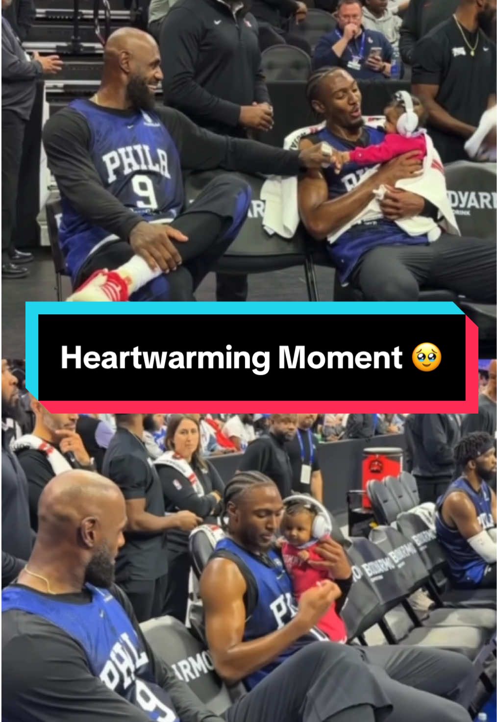 LeBron James sits beside Tyrese Maxey as he holds his daughter Marvel during today’s @Philadelphia 76ers scrimmage 💙 