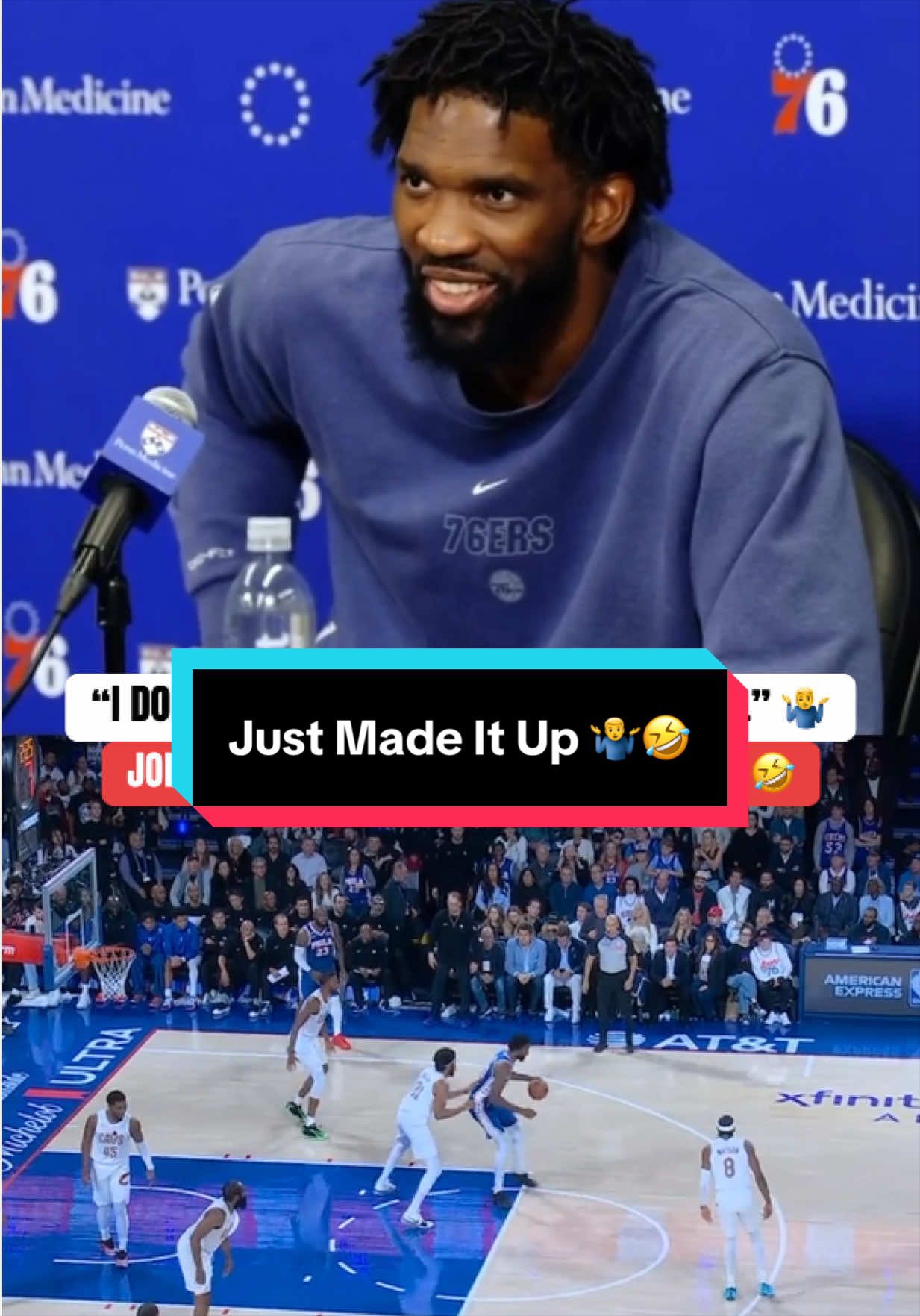 Joel Embiid on the @Philadelphia 76ers 29-point comeback being a Top 5 night for him in Philly...then when asked what other ones came to mind: "I don't know. I kinda made that up." 😂 (via: sixers/YT) 