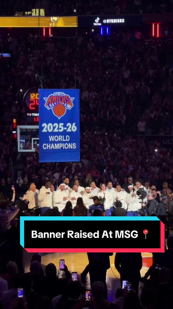 @New York Knicks watch as their Championship banner gets raised to the rafters 🏆 