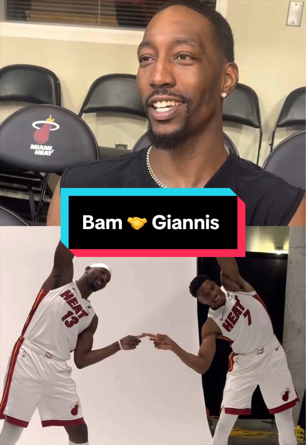 "First of all, Bam baited me into this." 😂 Giannis and Bam explain their "fusion" photo at Heat Media Day! 